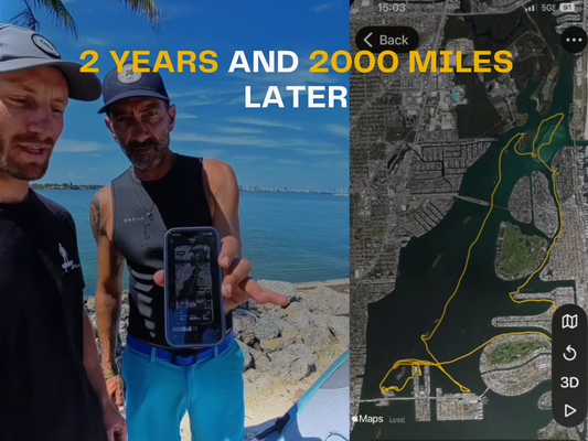 Efoil Miami riders showing the full Waydoo Evo range test route map across Miami waters on a phone screen.