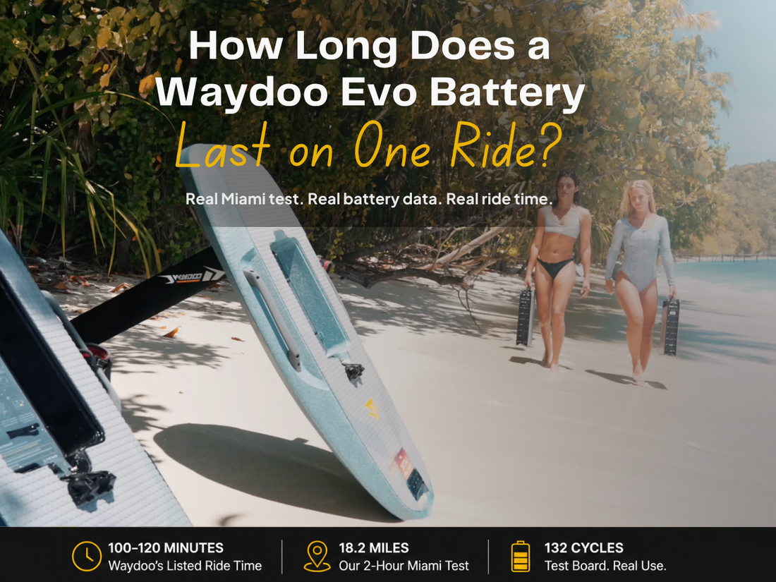 two women walking on a tropical beach carrying eFoil batteries, with Waydoo boards in the foreground and ocean in the background.