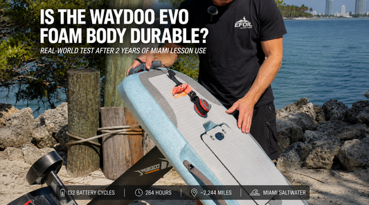 Two-year-old Waydoo Evo EPP foam board after Miami lesson use, showing real foam condition before durability inspection